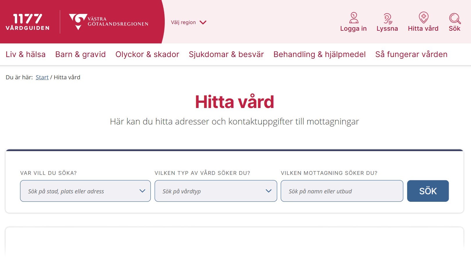 Startsidan för Hitta vård på 1177.se