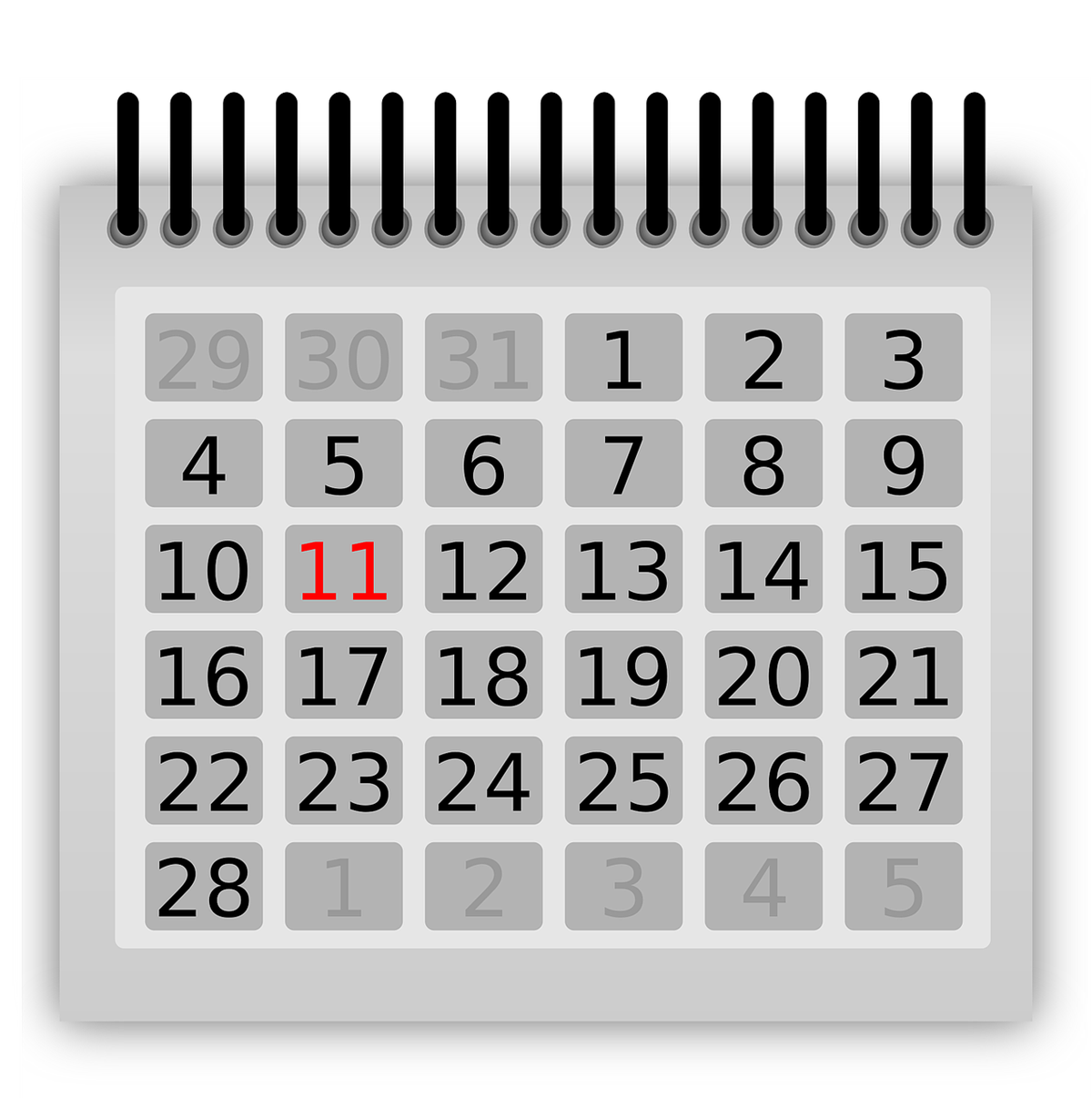 En kalender i grått, svart, rött och vitt med spiralpärm
