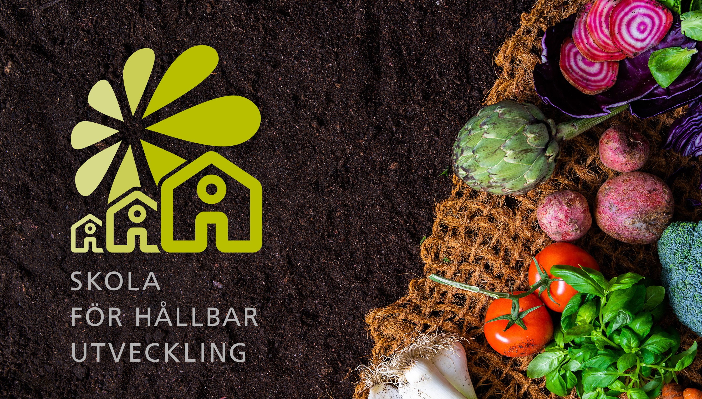 Logotype för Skola för hållbar utveckling i en bild med jord och grönsaker